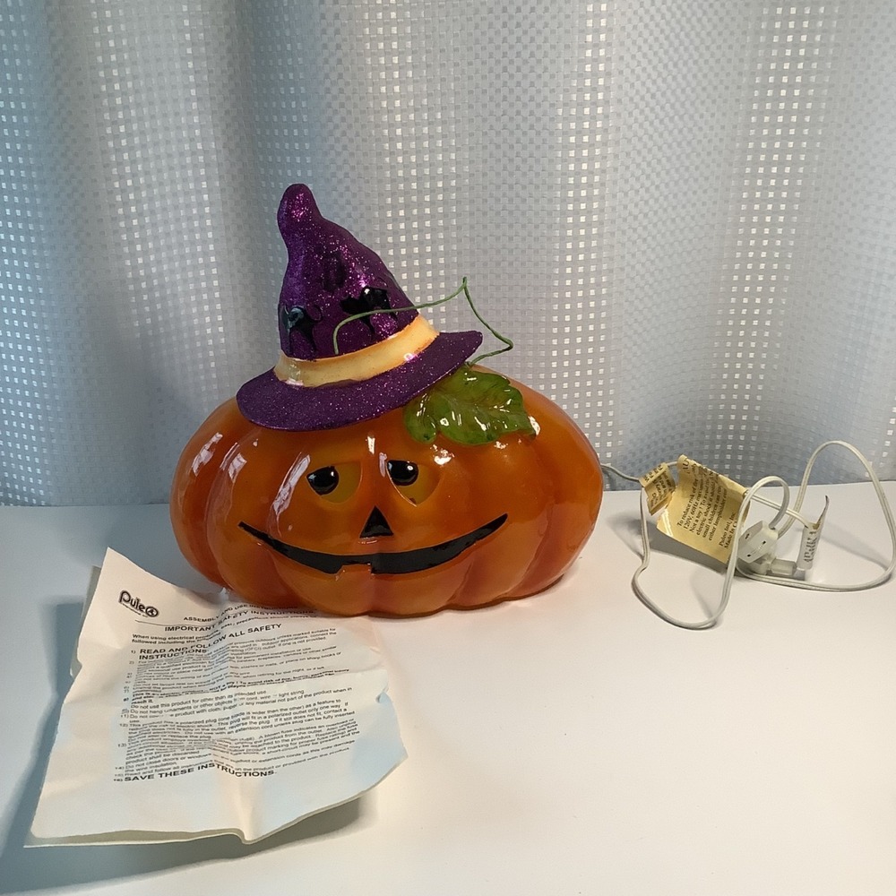 Puleo Ceramic Halloween Pumpkin Lighted Jack-O-Lantern w/ Purple Hat